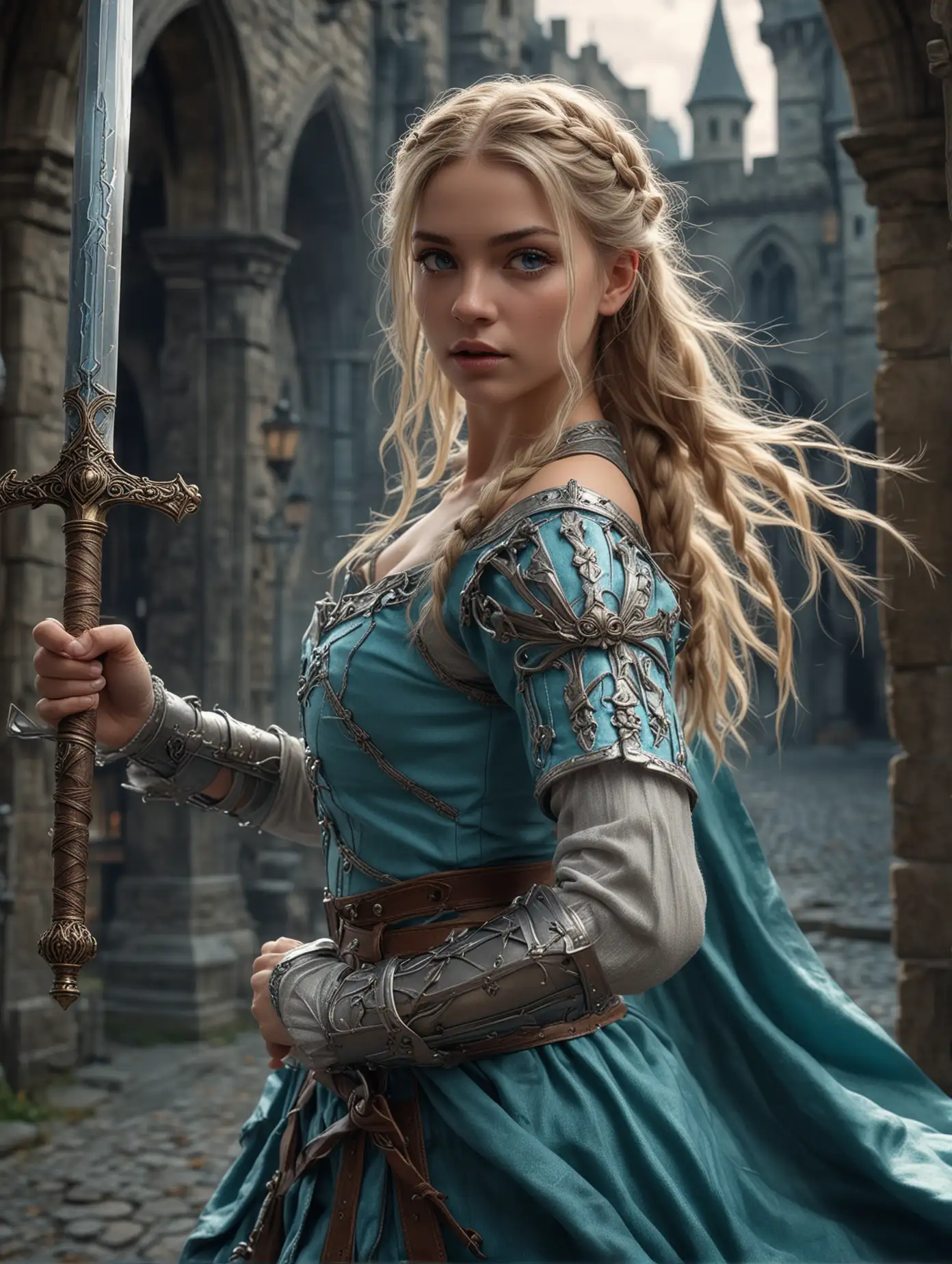 (Masterpiece, Professional lighting, 16k, 8k wallpaper, raw photo, photorealistic:1.8, dynamic angle shot, close up view, Semi-animated of a beauty young women wears fairy attire, blonde braided hair style and cyan eyes, holding a magical sword, she was standing in dynamic battle pose, gothic castle's gate background, dark fantasy theme, high resolution, masterpiece art)