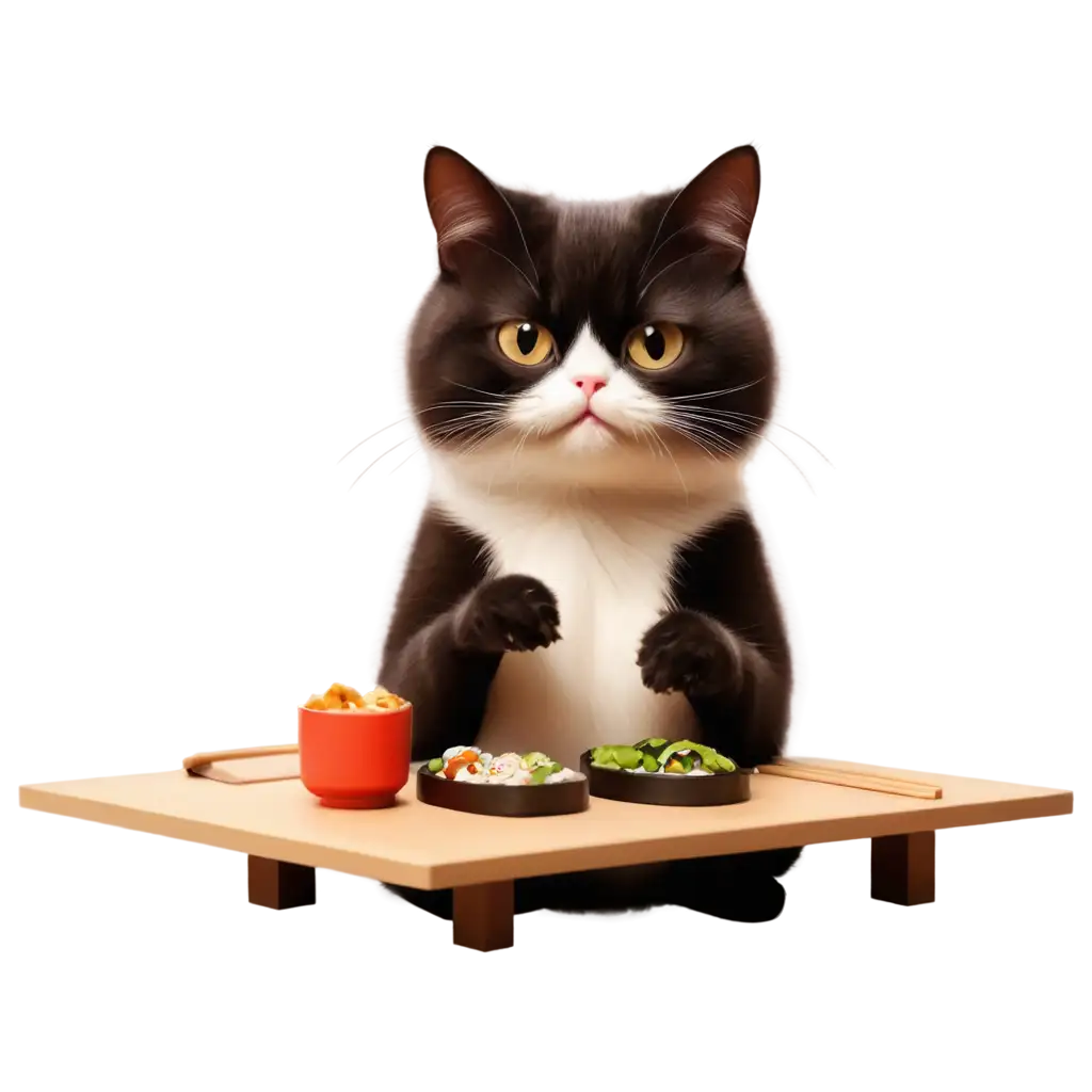 Angry-CatAI-Art-PNG-Optimization-Cartoon-Eating-Sushi-PNG-HighQuality-Image-for-Various-Creative-Uses
