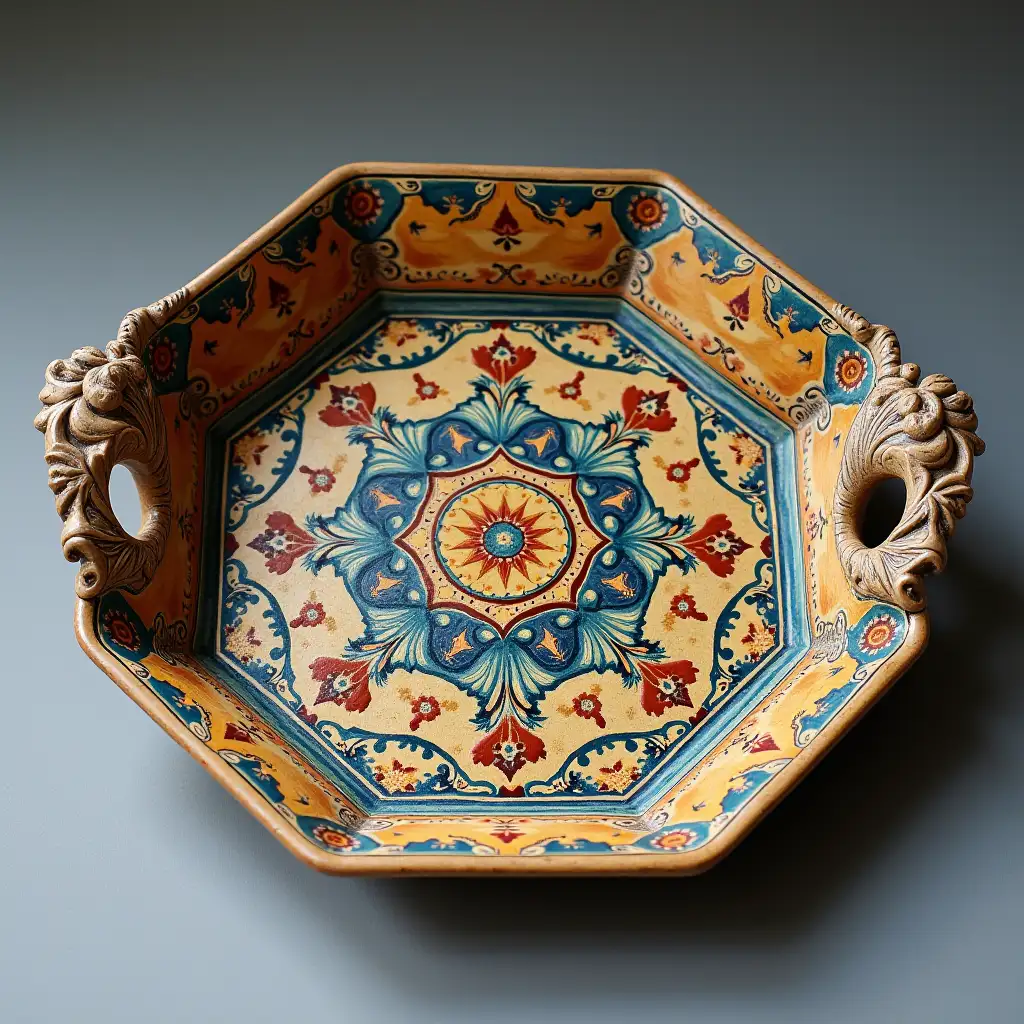 Octagonal with rounded corners ceramic serving dish with embossed beautiful handle, Fine art, Hyper detailed, Antique and old, Qajar art, Iranian Tabriz carpet design