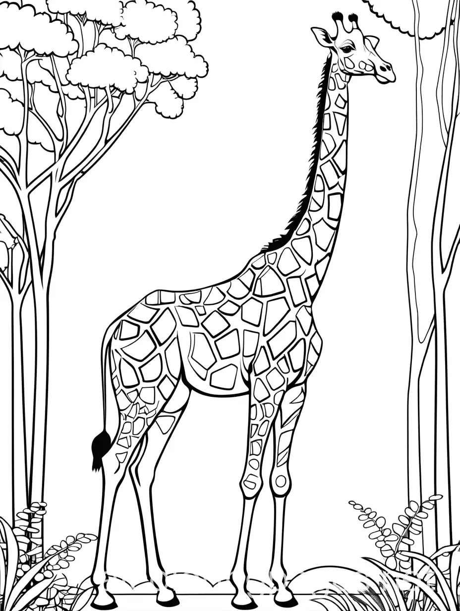 Giraffe background forest colouring black line art , Coloring Page, black and white, line art, white background, Simplicity, Ample White Space. The background of the coloring page is plain white to make it easy for young children to color within the lines. The outlines of all the subjects are easy to distinguish, making it simple for kids to color without too much difficulty