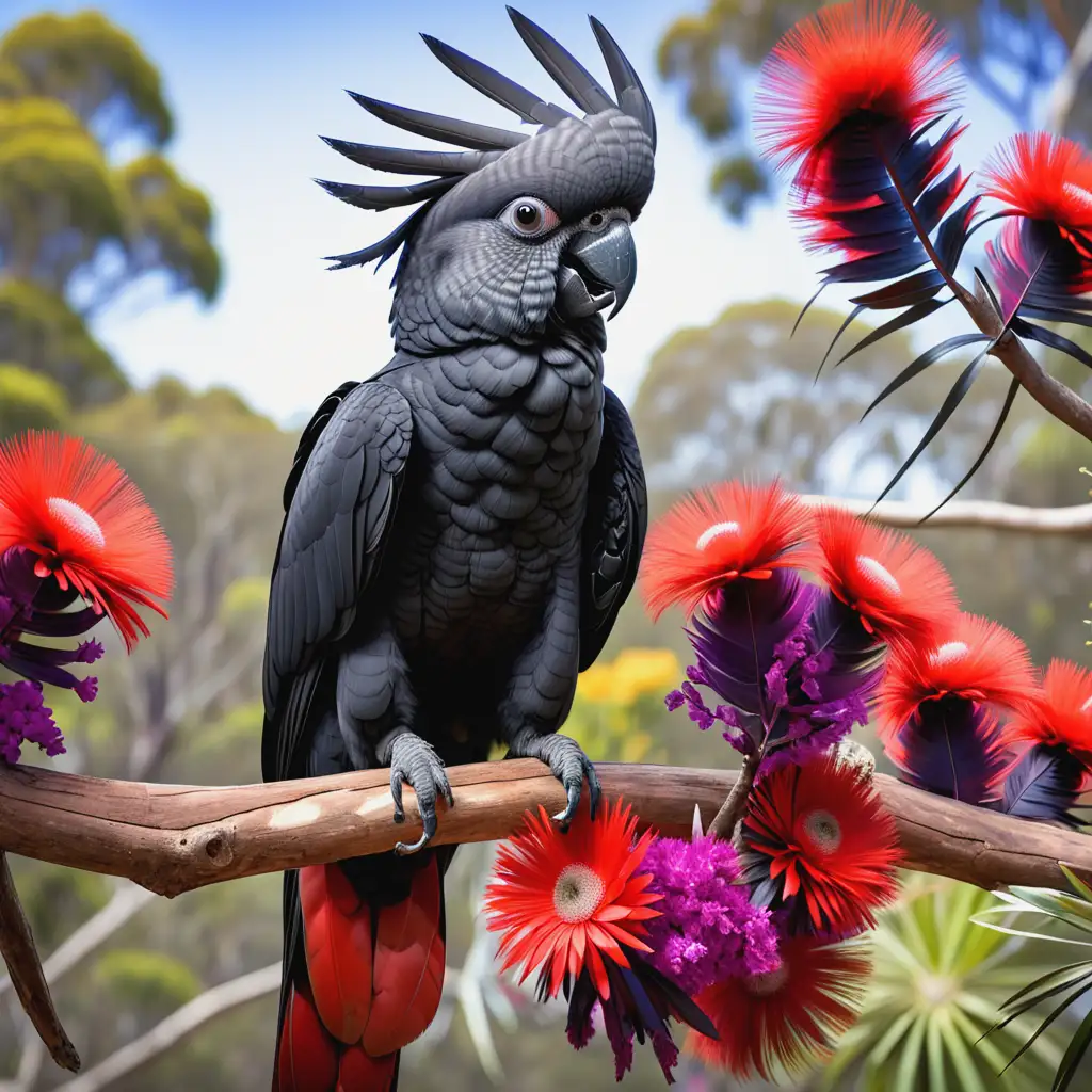 Redtailed Black Cockatoo Perched Among Colorful Flowers