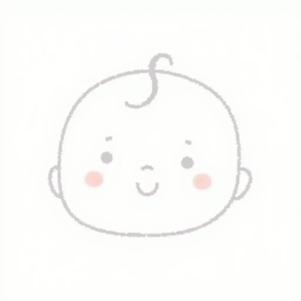 A flat, 2D vector icon of a baby's face with a cute, minimalist design. The baby has a round head, small ears, two dot-like eyes, a tiny curved smile, and a small curl of hair on top. The design should be outlined in black with soft, rounded lines. The background should be plain white, keeping the overall look simple, clean, and modern