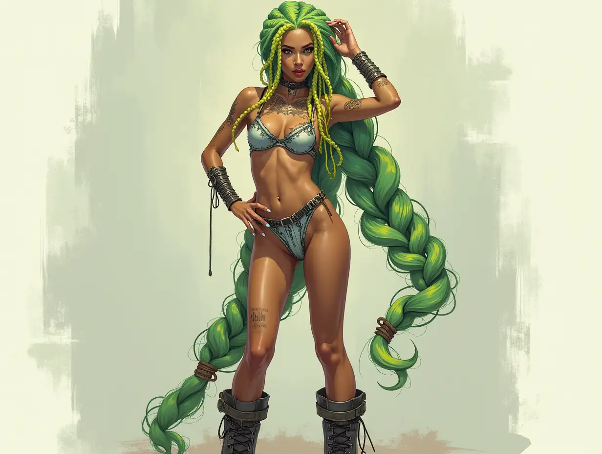 Depiction of a beautiful white woman with -tattoo, long mixed green-yellow braided hair in a futuristic style and laced boots.