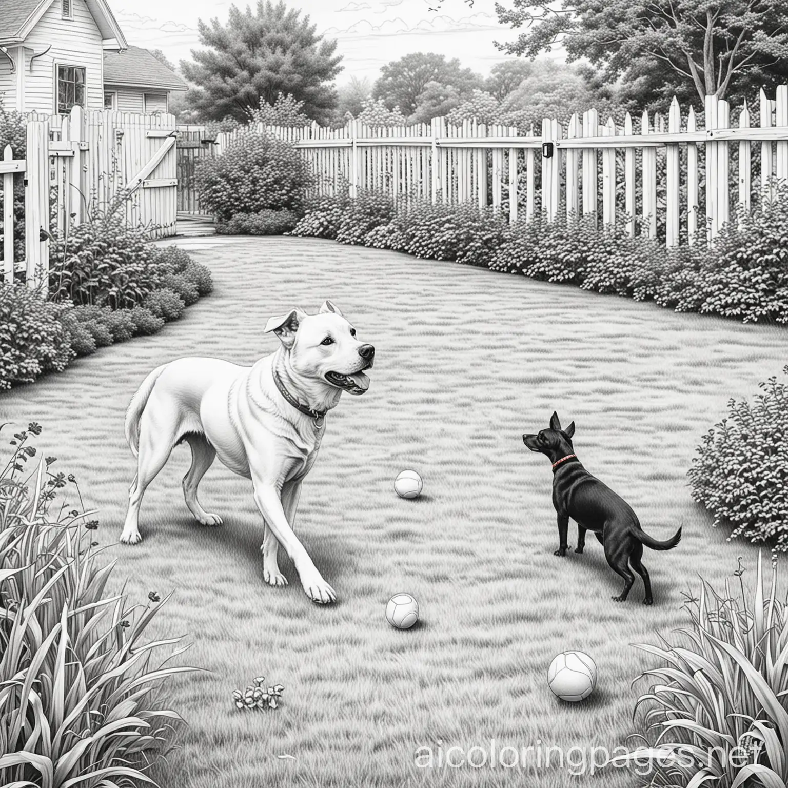 dog with ball in yard chasing another dog, Coloring Page, black and white, line art, white background, Simplicity, Ample White Space