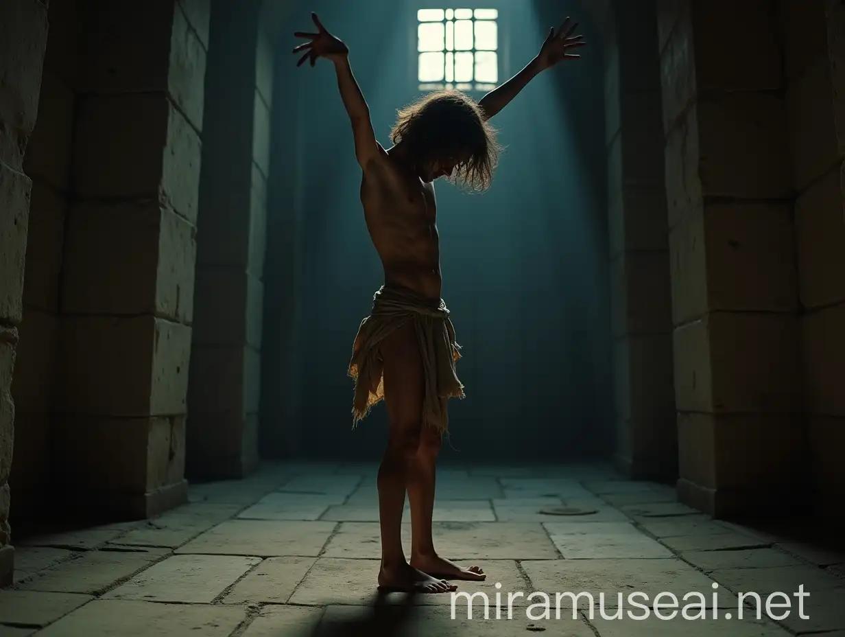 A low angle, full body shot of an extremely lean, handsome young man, about 18 years old, standing barefoot on his toes on a cold, dirty stone floor in a dimly lit, wide ancient vault. His body is positioned to the left, showing his right side, his head bowed humbly, gazing at the floor, his long, tousled hair unkempt. His slender, delicate frame glistens with sweat. He wears a ragged, torn and ripped loincloth, thin with age, barely covering his dirty body. His expression is desperate, begging and fearful, accentuating his vulnerability. He stretches his arms out, above his head, as much as possible crossing his wrists high up in the air. His lean body maximally stretched out. The damp prison walls, thick with dust, dirt, and cobwebs, heighten the oppressive atmosphere. Faint light filters through a small grated window, casting dramatic shadows across the scene. The dramatic interplay of light and shadow focuses on extreme realism, capturing the suffering of the young man and the harshness of his environment, with vivid colors and meticulous attention to every agonizing detail. Shot with a Nikon Z7 II, 50mm f/1.4 lens, shallow depth of field.