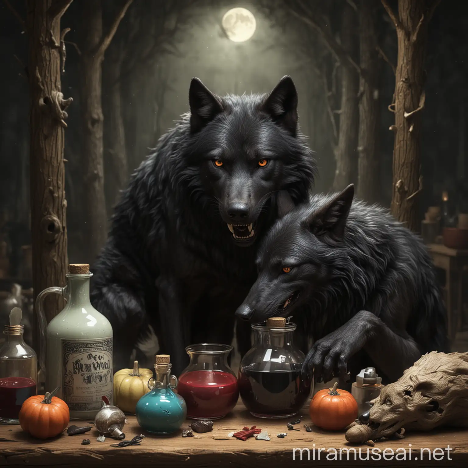 Wolves Mixing a Mysterious Potion in Moonlit Forest