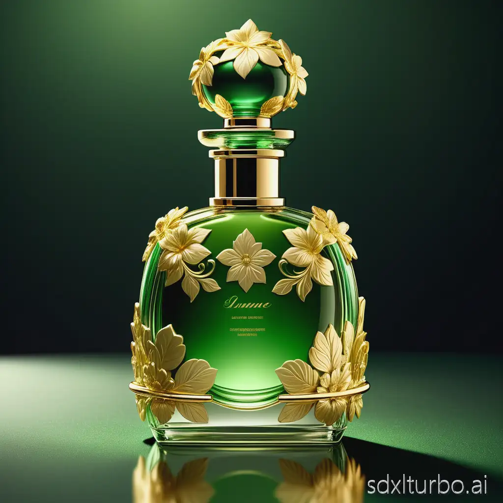 Design an elegant perfume bottle featuring lush green and shimmering gold colors. The bottle should have intricate floral engravings and should be gracefully positioned on a mirrored surface. This setup should be depicted in a digital illustration, reflecting a luxurious aesthetic, as a high-end product mockup.