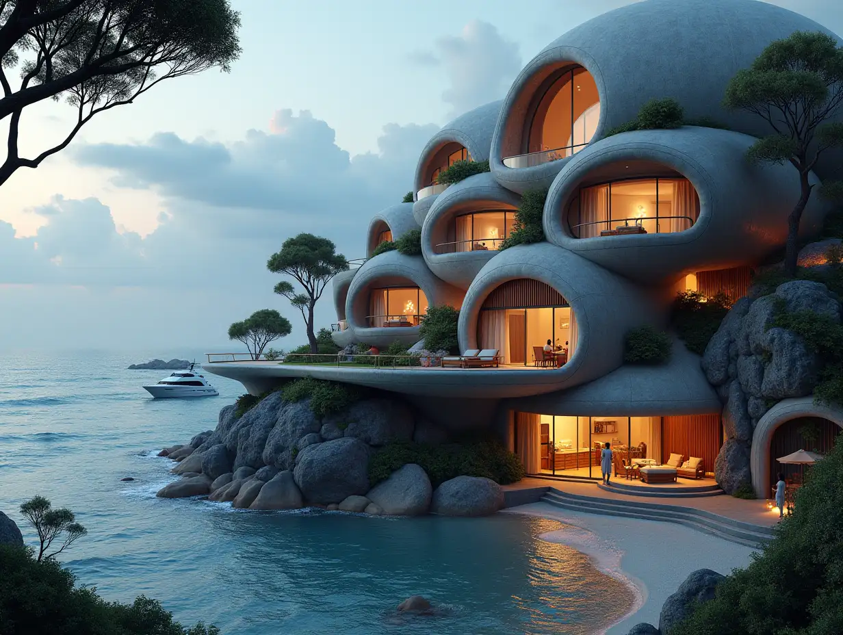 Create a high-resolution, realistic panorama image of a futuristic terrace building with snail house windows with bridge, a yacht and a small beach with people, many plants and grey and brown facades with sea with waves, big trees, twelve o'clock at night