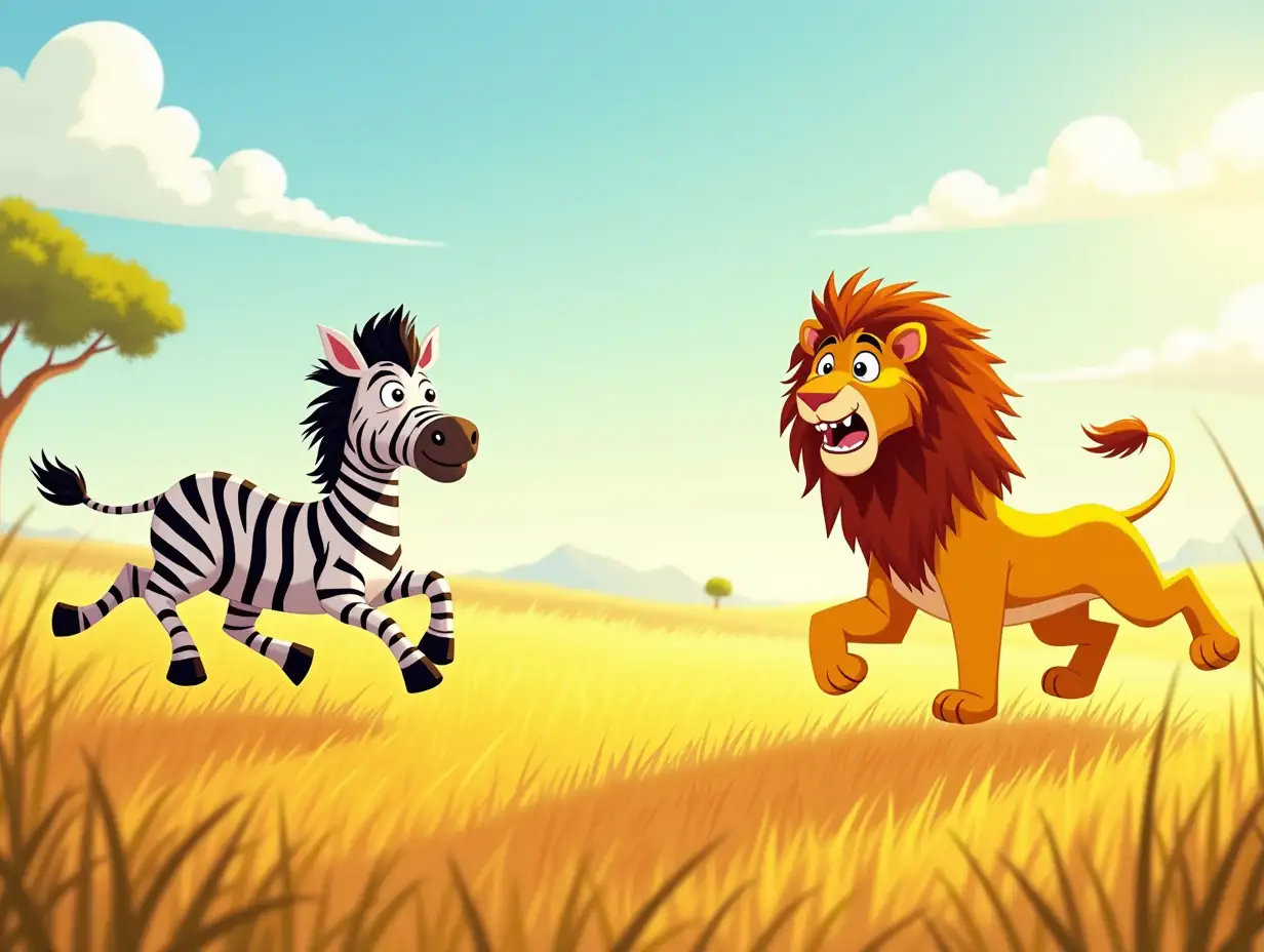 A savannah bathed in sunlight. A zebra with a lion-like mane runs with a predatory look across tall grass, chasing a lion. The lion has a scared, wide-eyed face, as if seeing a ghost. The image is bright, colorful, in a cartoon style. The atmosphere is cheerful, a funny contrast between predator and prey.