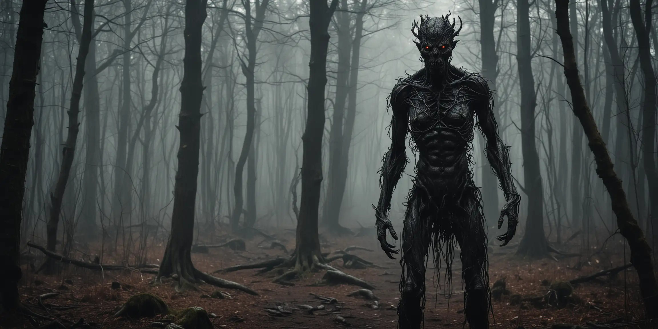 Dark Forest Picture with Strange Humanoid Creature and Demons