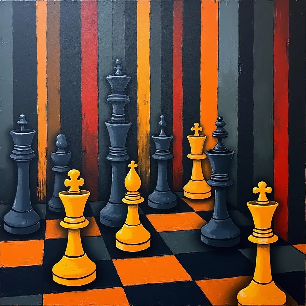 A picture in a chess pattern, stripe, primitively schematic, minimalism, avant-garde, lacraft, darkness in the style of Kandinsky, Malevich, minimalism, simplified for beginner artist with acrylic many colors, constructivism abstractionism, gloomily