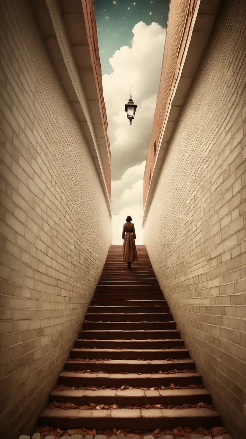 Ethereal Passage with Infinite OffWhite Washed Bricks and Brown Staircase in Christian Schloe Style