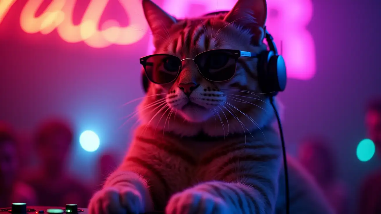 Cool neon party dj cat in headphones and sunglasses --chaos 20 --ar 9:16 --style raw --stylize 200 --v 6.1