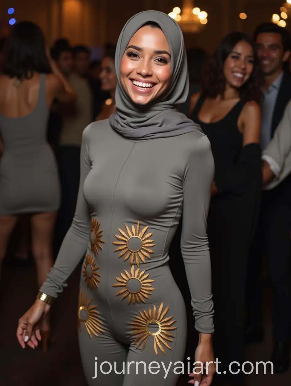 Woman-in-Grey-Hijab-with-SunPatterned-Outfit-at-a-Joyful-Celebration