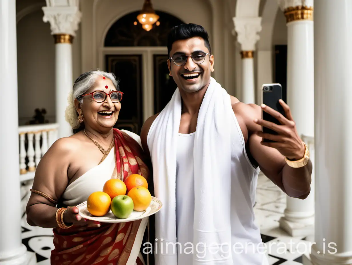 Indian-Man-and-Woman-Taking-Selfie-with-Dog-and-Tea-Set-in-Luxurious-Palace-Balcony