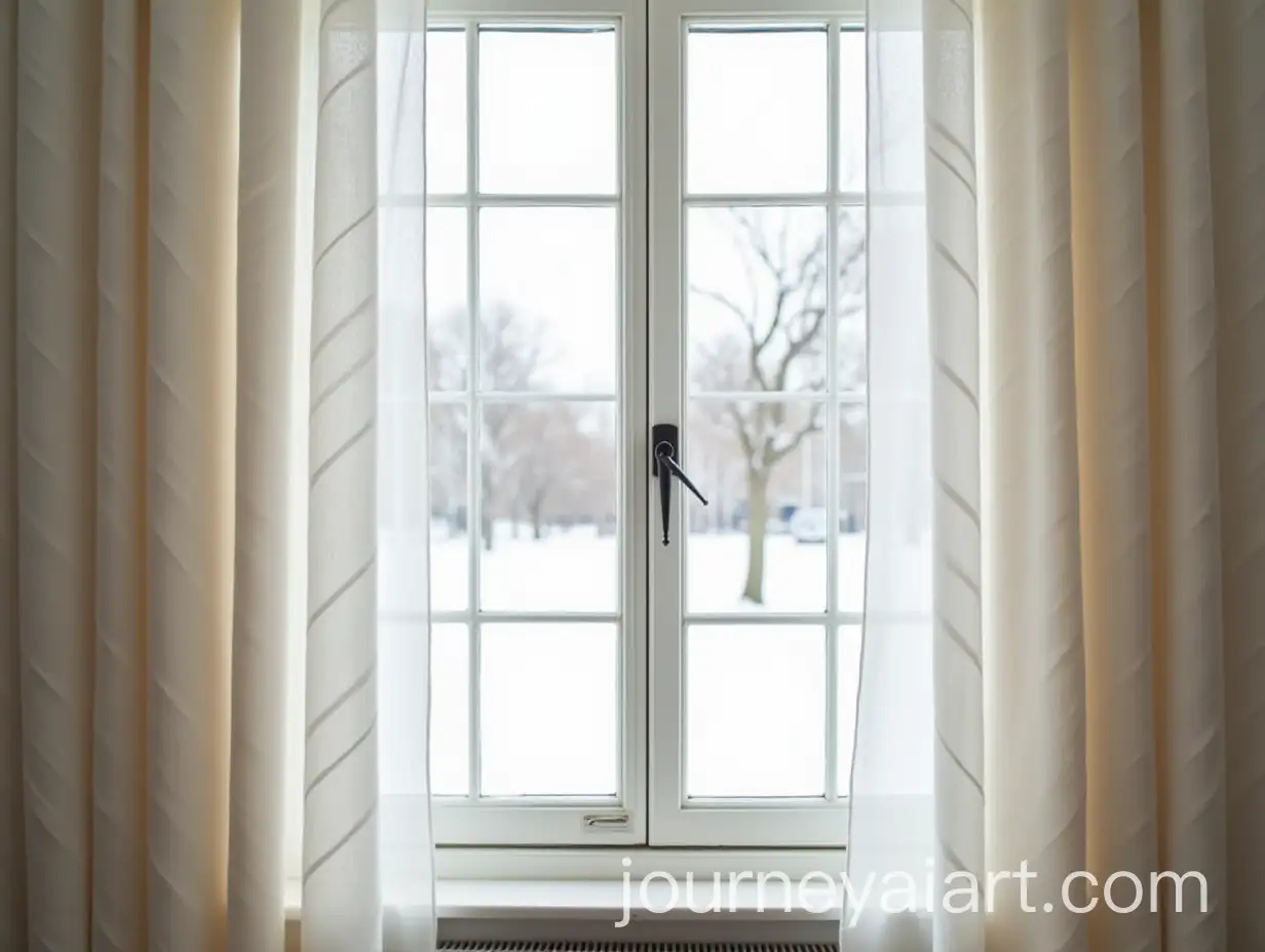 Minimalist-English-Window-Design-with-Geometric-Print-Curtains-and-Winter-Landscape