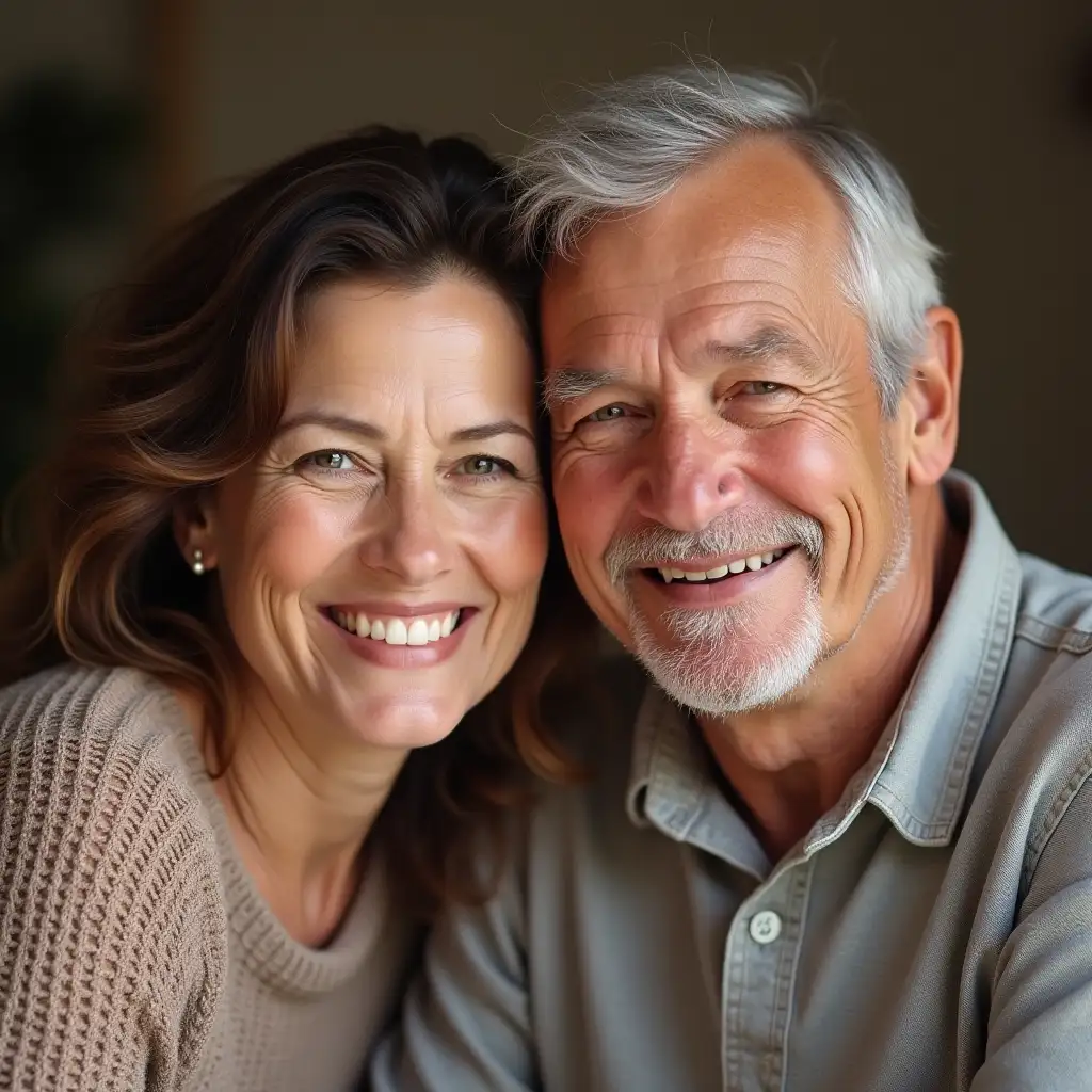 Photos of 2 Happy mother 50 years old and grandfather 50 years old They have brown hair