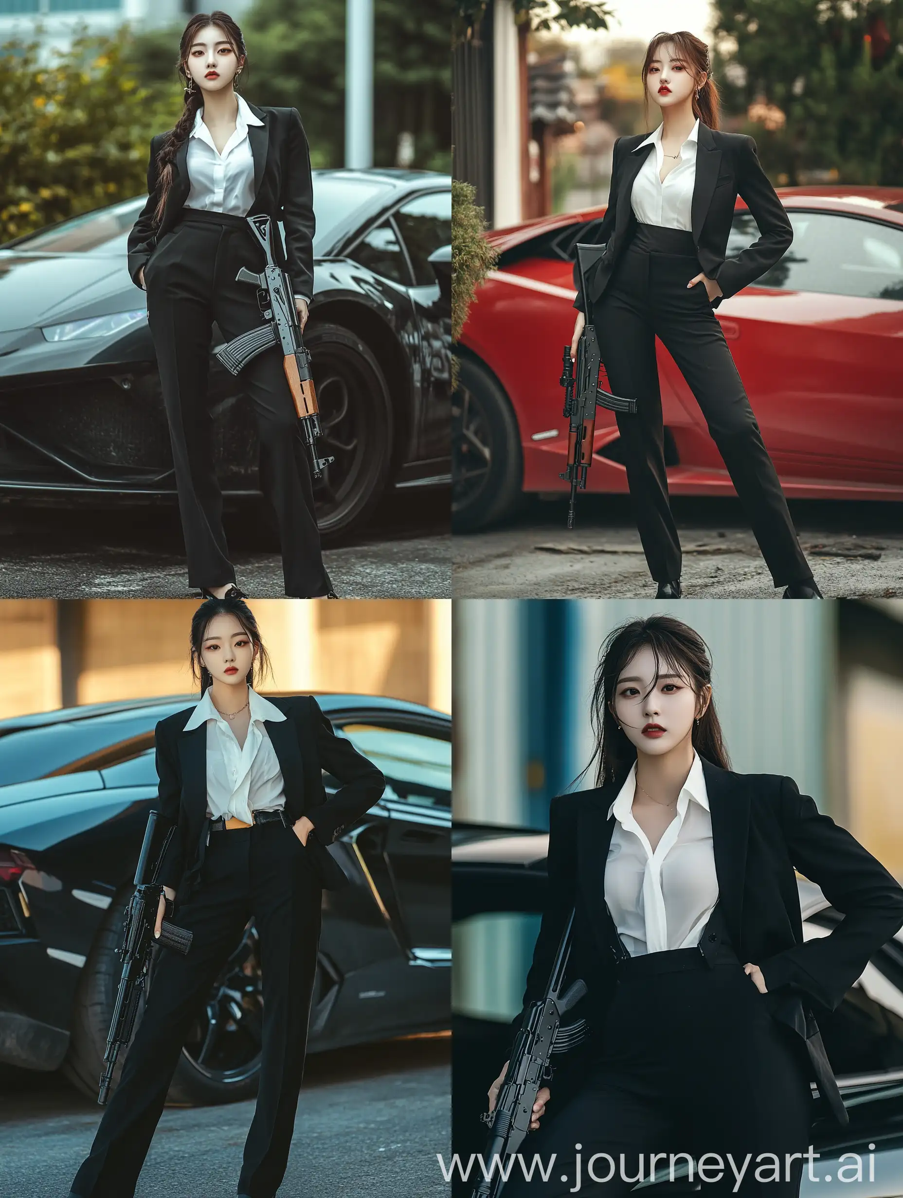 Stylish-Korean-Woman-with-AK47-Leaning-on-Lamborghini