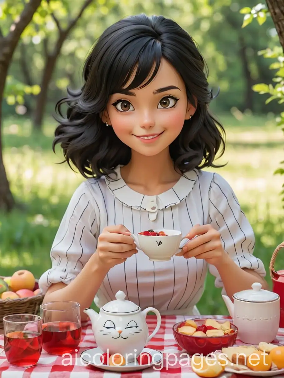 Girl-with-Black-Hair-and-Cat-Eyes-Smiling-Peacefully-on-Picnic-with-Red-Teapot-Pouring-into-Glass