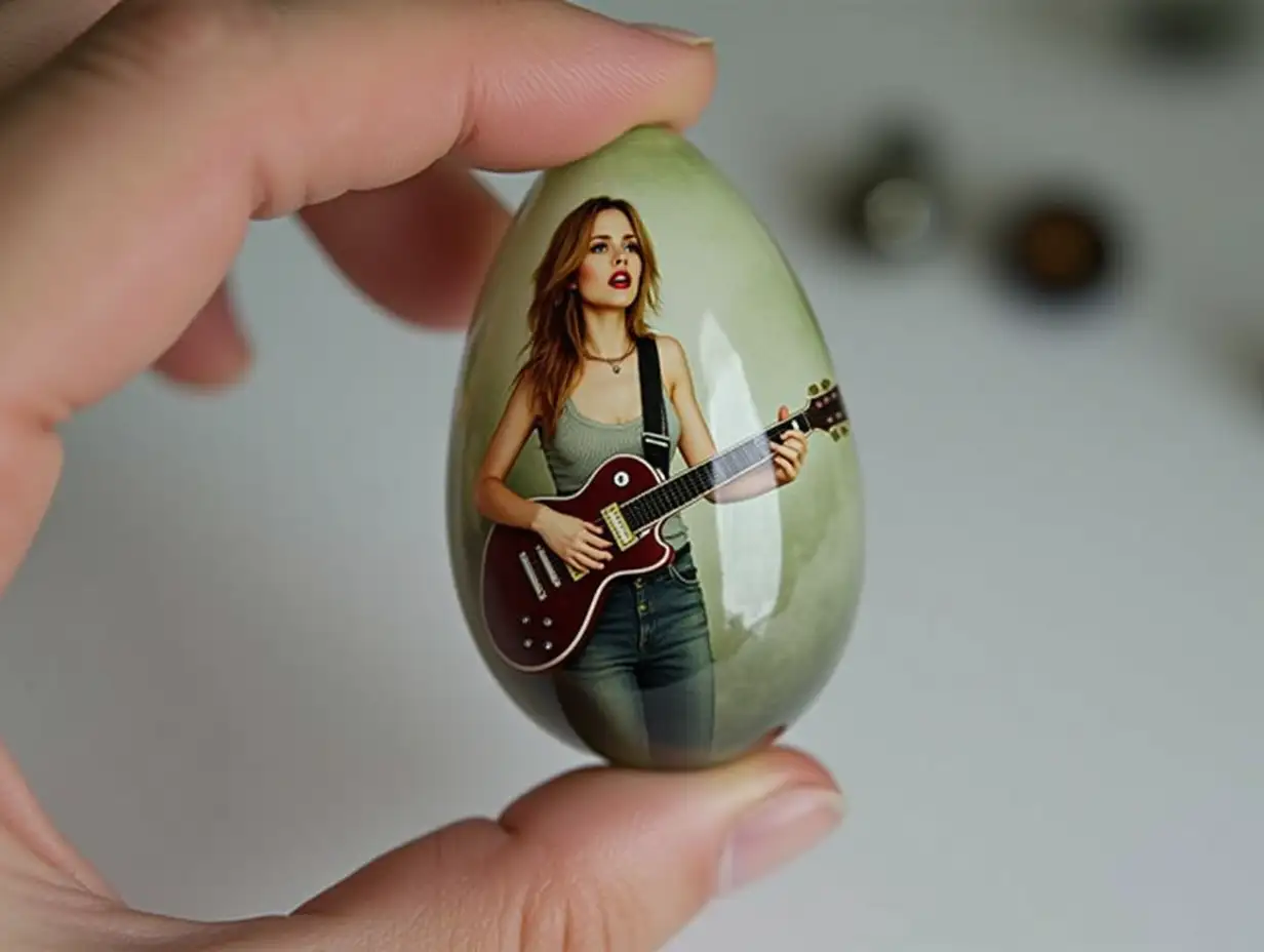 Create a glass egg pendant with a woman playing electric guitar.