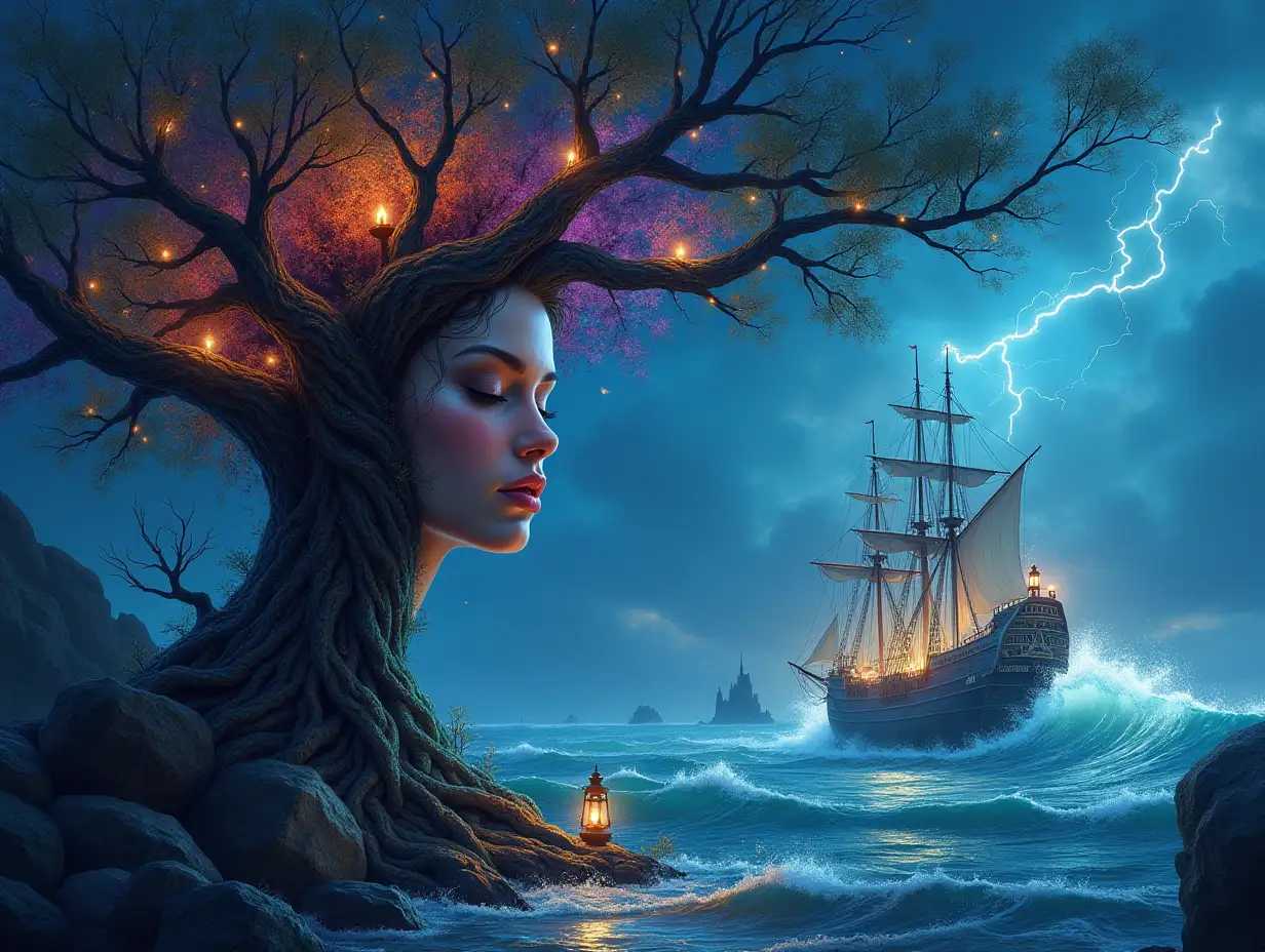 Creating a Digital painting face with rainbow hair transforms into building with stone and lighting trees with roots and rocks and lantern by the sea,with large hand sailing ship with lanterns and very big waves and lightning strange creatures-in the night 