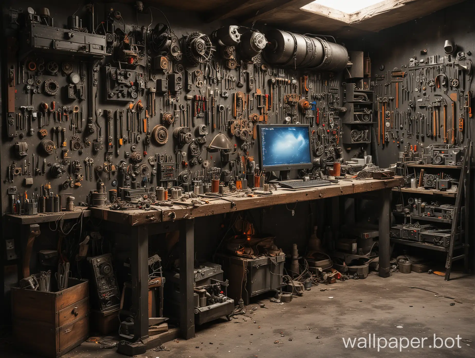 Un etablie ou il y a un pc en piece detache et un decor comme dans une forge dans un univers moderne
