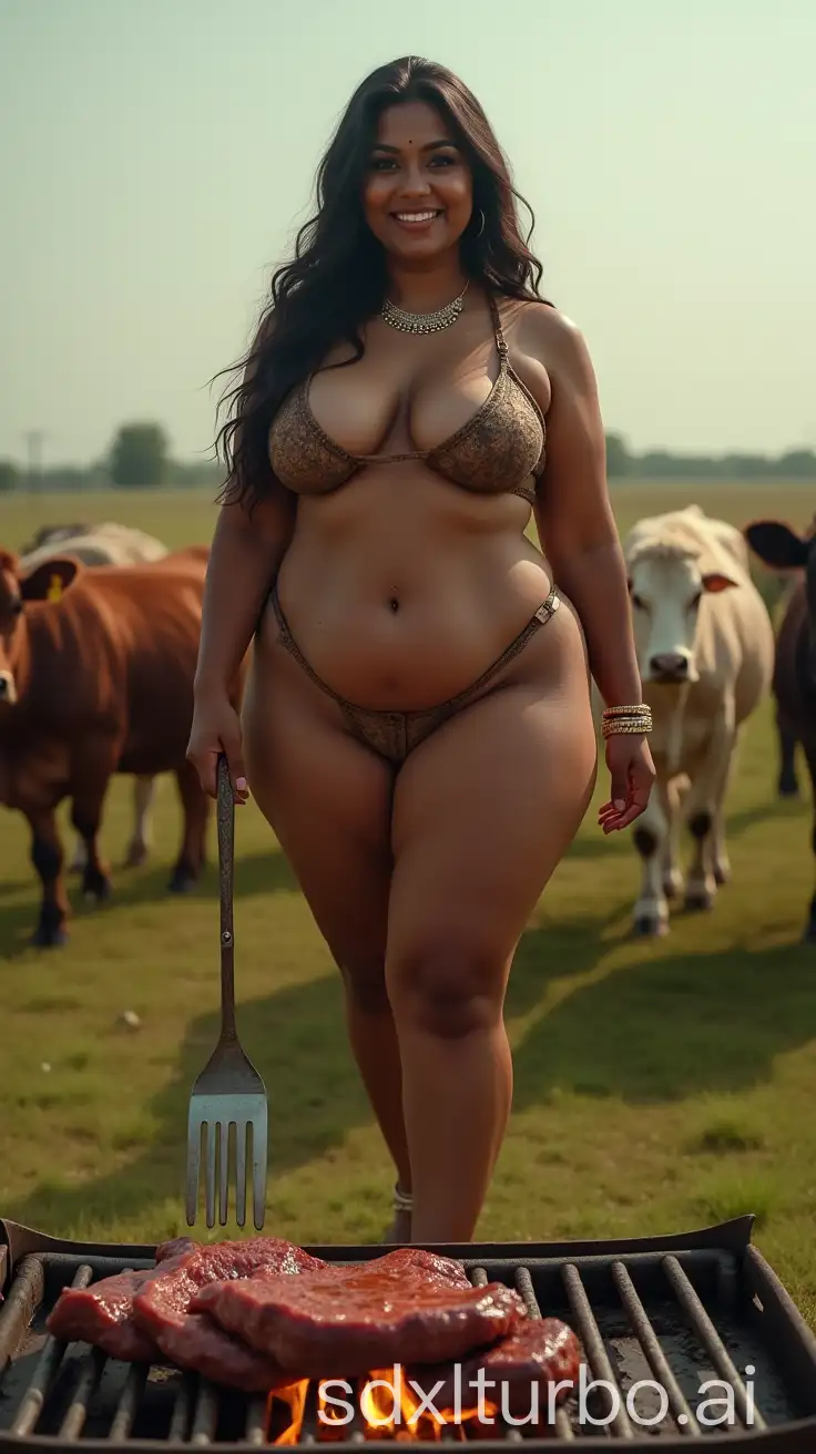 Chubby-Indian-Woman-Cooking-Steak-on-a-Farm-Grill