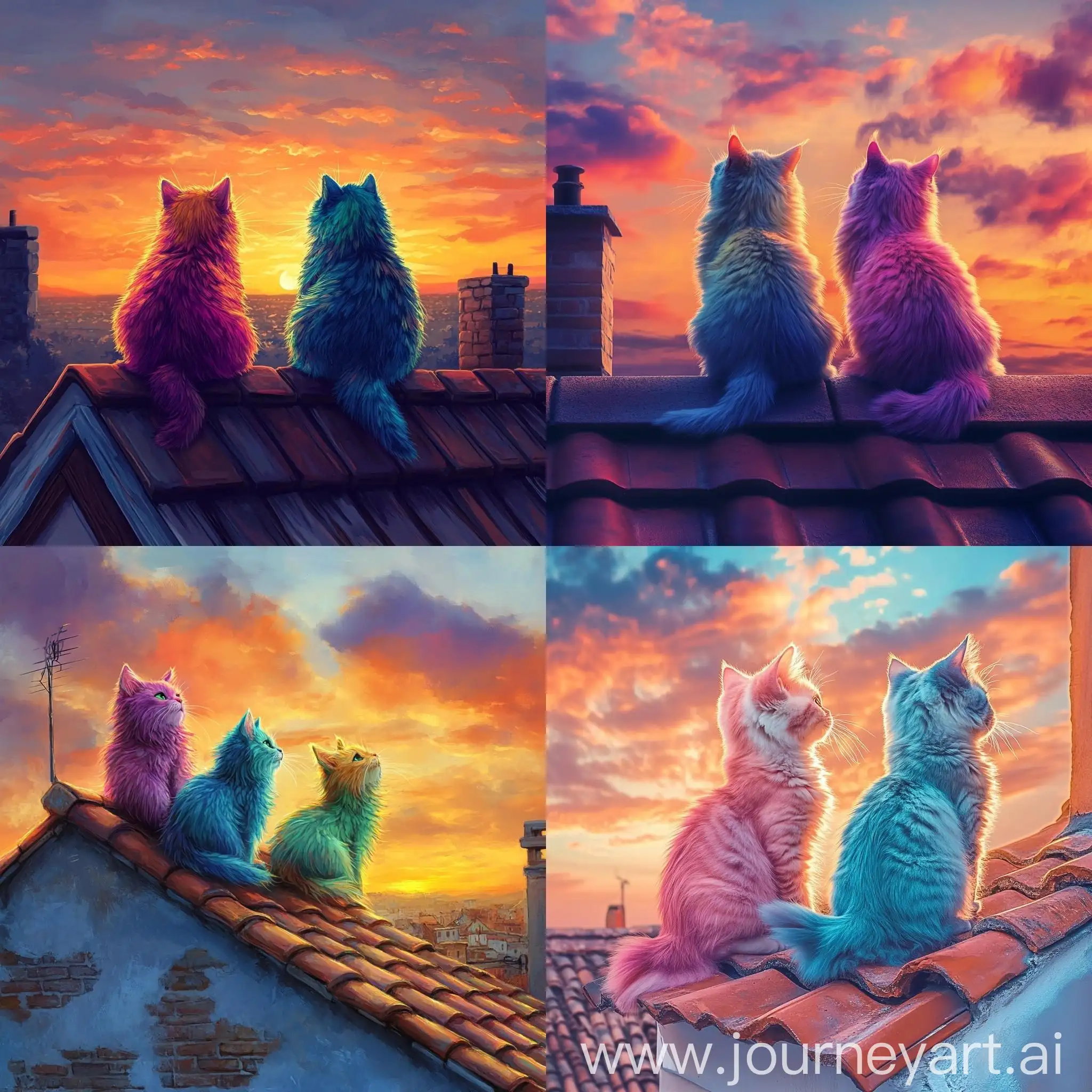 Fluffy-Cats-on-Tiled-Roof-of-Old-House-Watching-Sunset