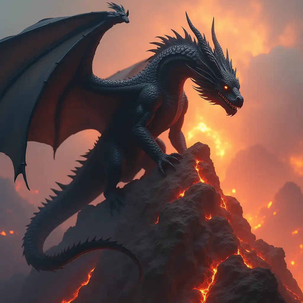 Majestic-Black-Dragon-Overlooking-Fiery-Mountain-Landscape