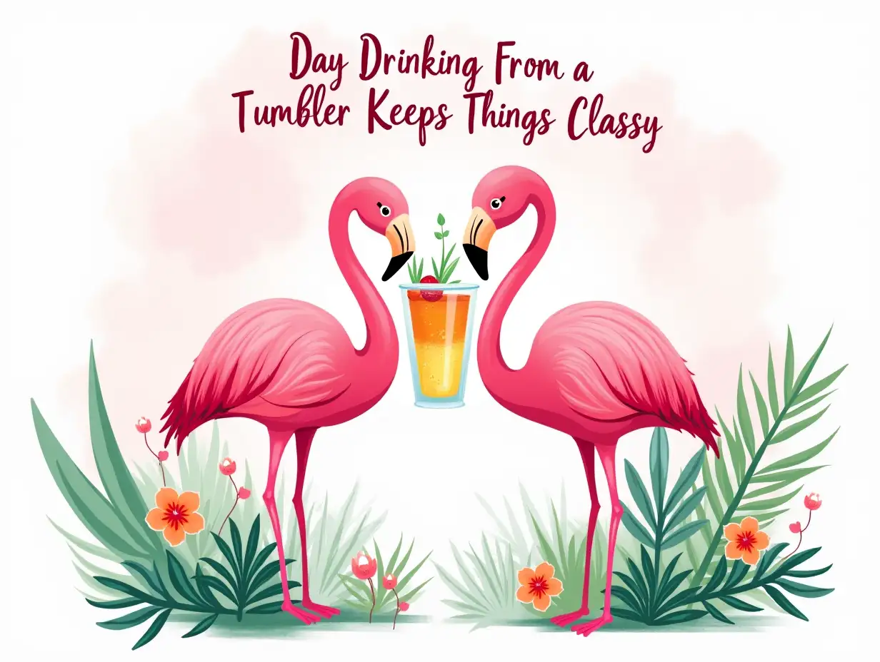 Two vibrant pink flamingos standing gracefully, sharing a colorful cocktail from a single tumbler, surrounded by lush tropical foliage and flowers. The background features a soft pink watercolor splash, creating a playful and cheerful atmosphere. The lettering above the flamingos reads 'Day Drinking From a Tumbler Keeps Things Classy' in whimsical script, blending harmoniously with the scene. The overall aesthetic combines elements of watercolor art and tropical vibes, with rich greens, pinks, and hints of white in the foliage. Emphasize the light, breezy feel, perfect for a fun summer day, evoking a sense of relaxation and joy.