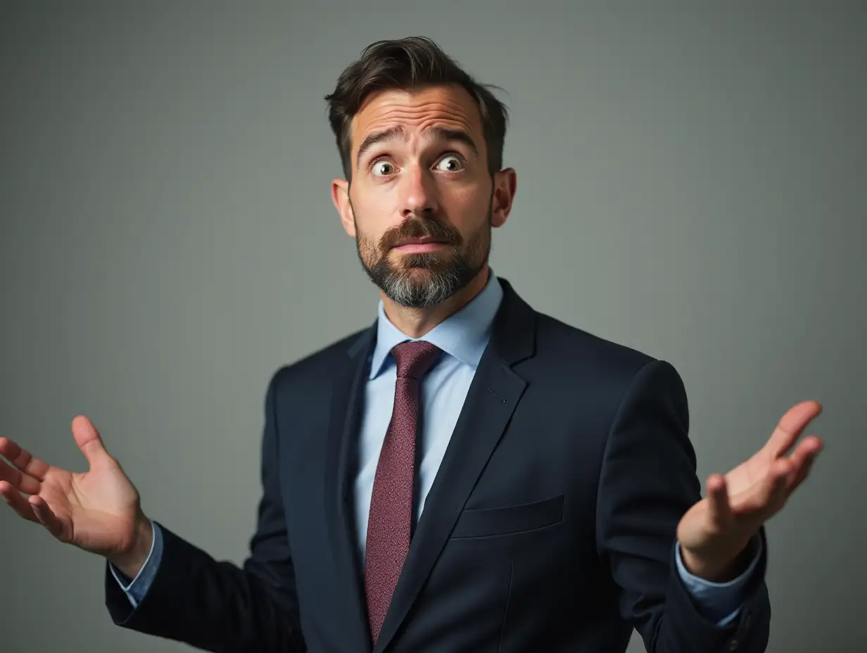 20-year-old man in a suit shows confusion in full size