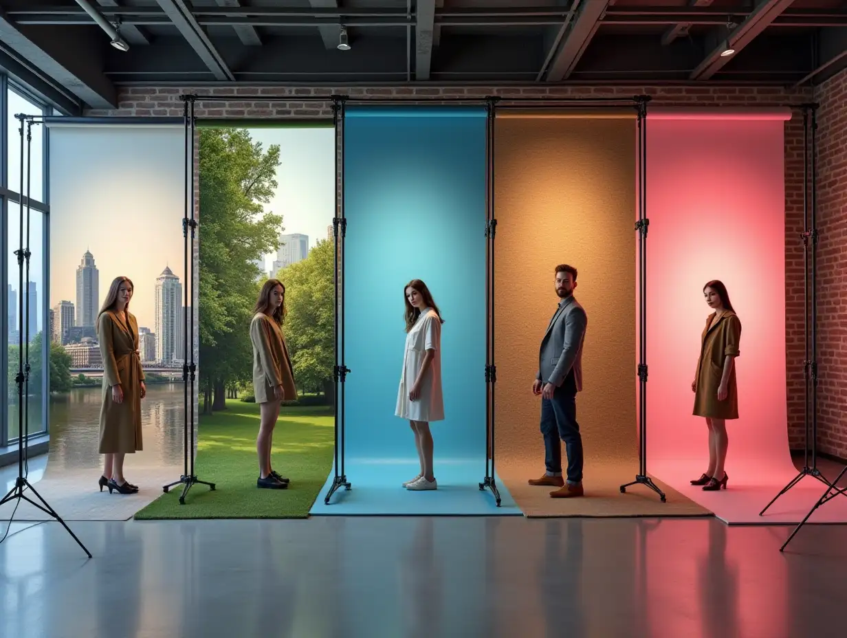 A professional photography setup displaying various background options, each emphasizing a different portrait style. The scene includes an urban cityscape with tall buildings and modern architecture, a lush green park with soft natural lighting, a minimalist studio backdrop with seamless paper, a textured brick wall for an industrial feel, and a vibrant gradient color background. Each background is paired with a model dressed to complement the setting, showcasing a variety of aesthetic choices. The lighting is soft and natural, enhancing the depth and impact of each background on the final image. The overall composition highlights the importance of background selection in portrait photography.