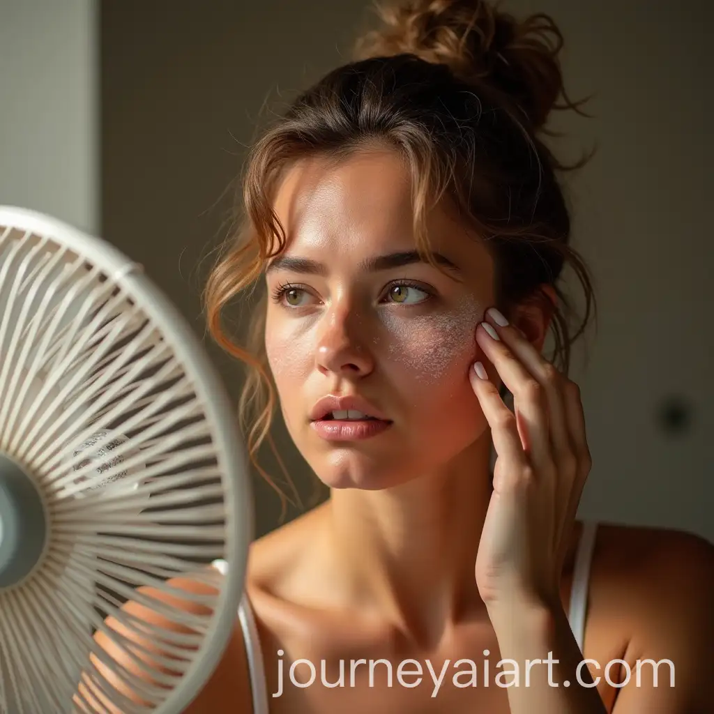 Sweaty-Woman-Cooling-Off-with-Electric-Fan-in-Heat