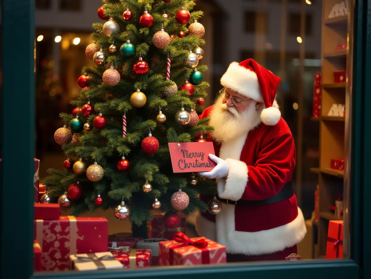 Santa-Claus-Placing-Present-Under-Christmas-Tree-in-Store-Window-with-Colorful-Gifts