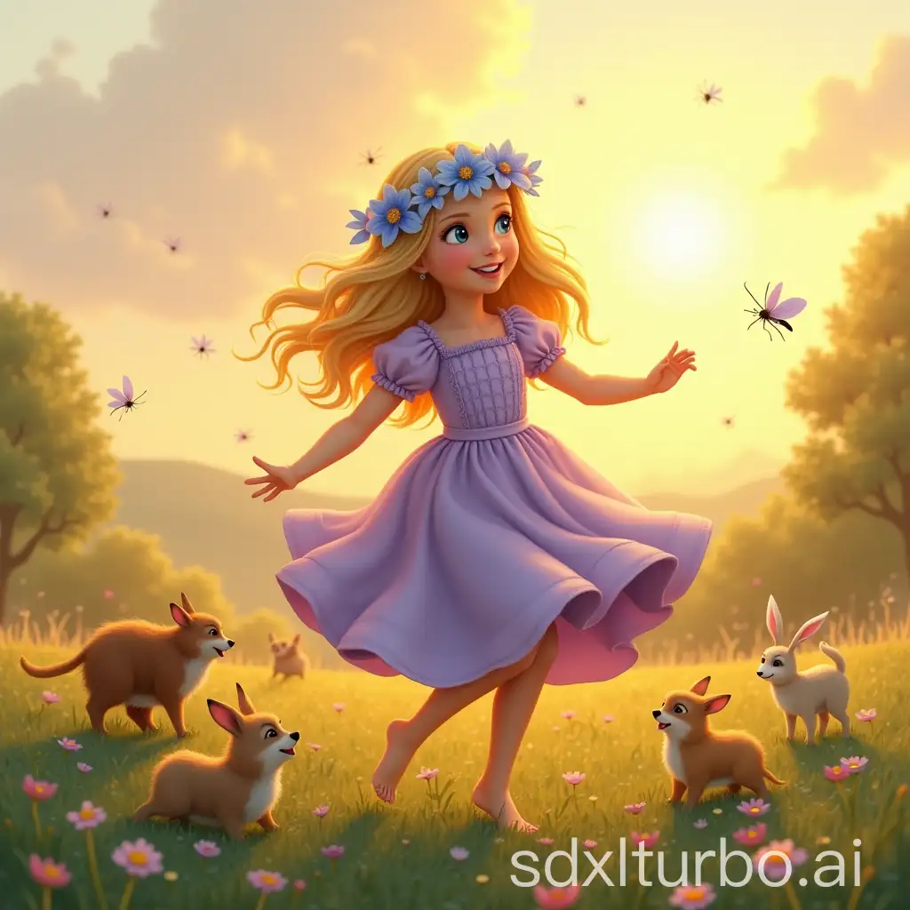 Blonde-Girl-Dancing-Barefoot-at-Sunset-in-Lilac-Dress-with-Flower-Wreath