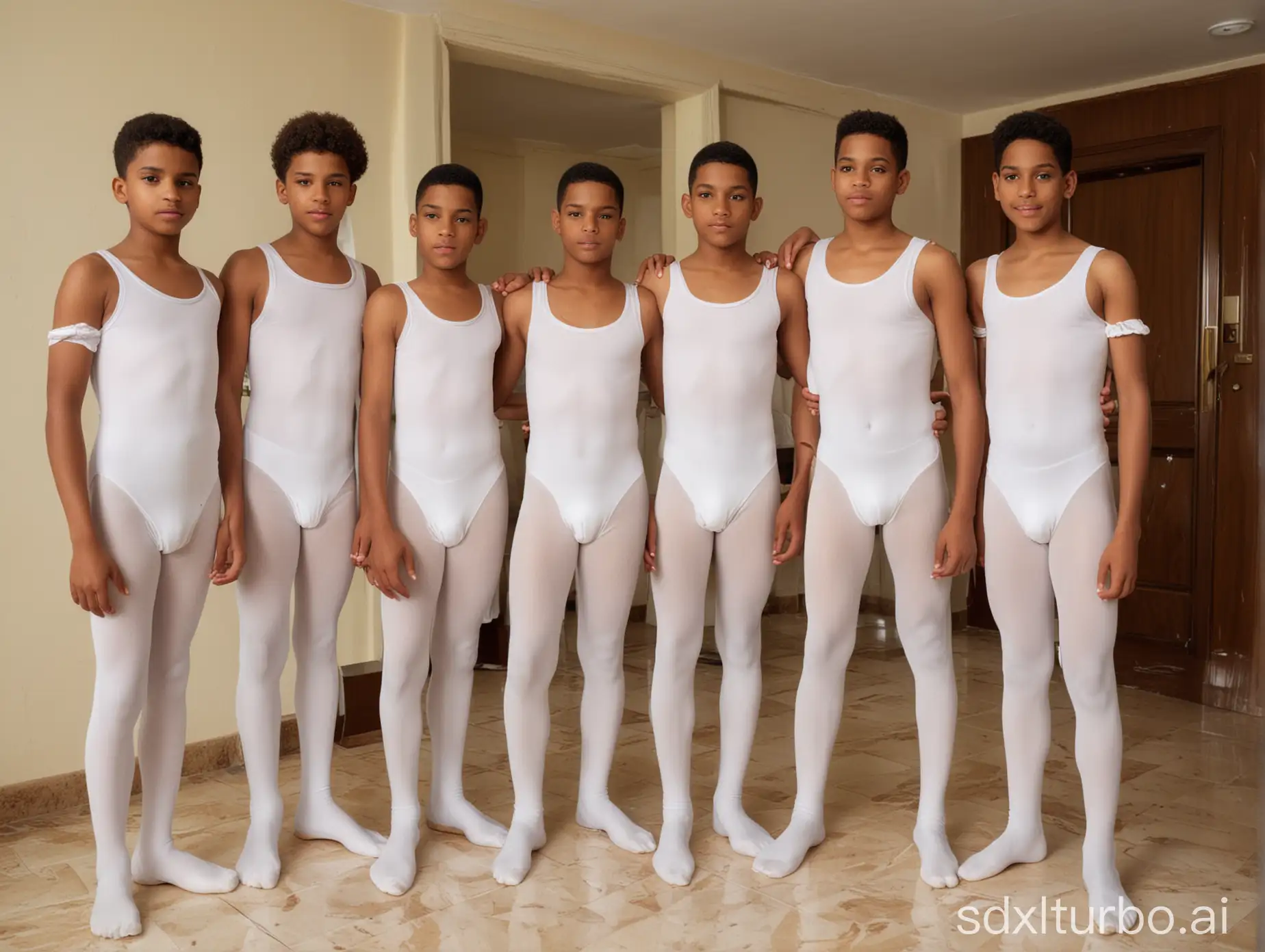 Group-of-Dominican-Boys-in-White-Leotards-and-Pantyhose-in-an-Elegant-Hotel-Room