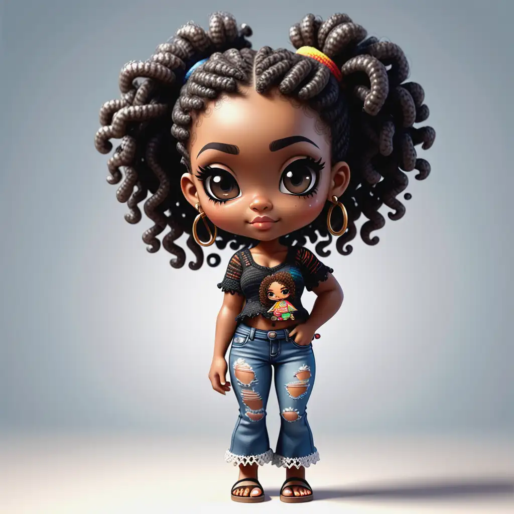 Realistic Chibi Illustration of a Stylish Black Young Woman in Bohemian Attire