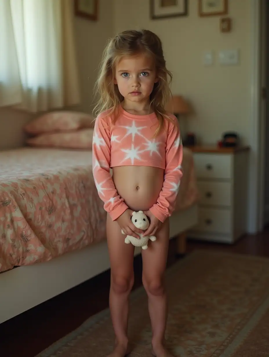 Young-Girl-Holding-Stuffed-Animal-in-Motel-Room-with-Nervous-Expression