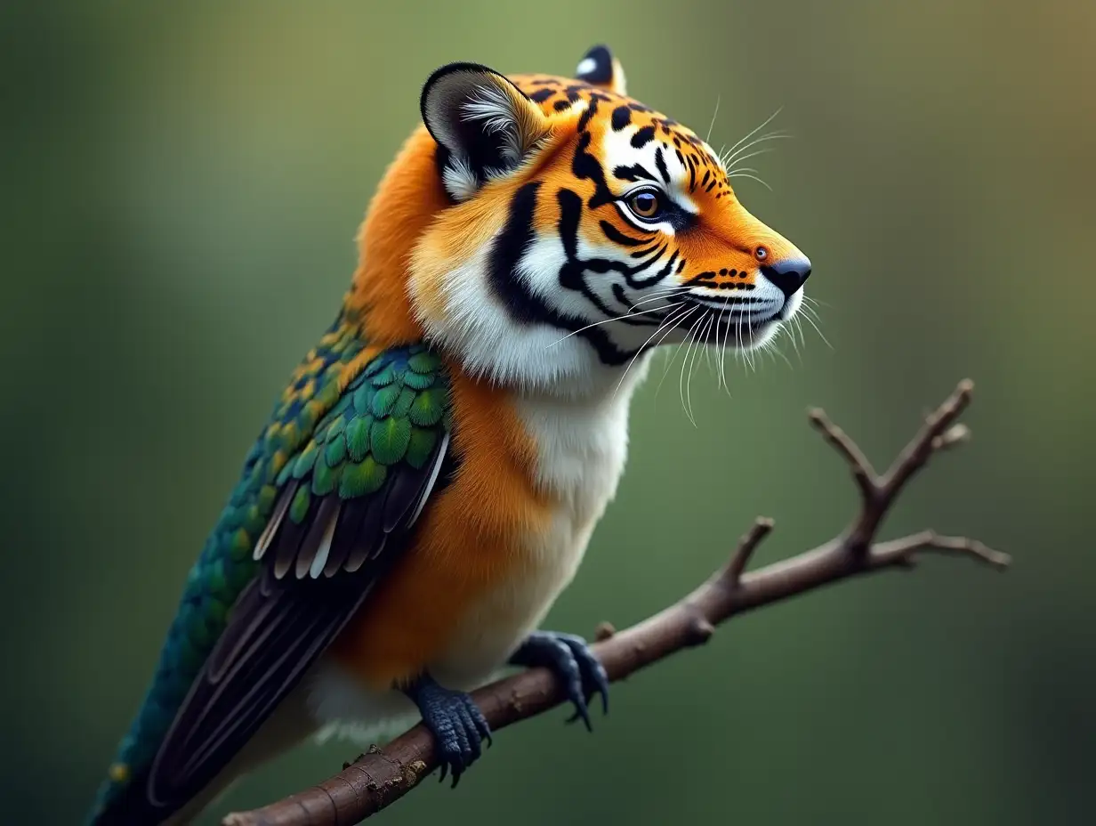 Create a Surreal World Hummingbird with Tiger Head on a Branch