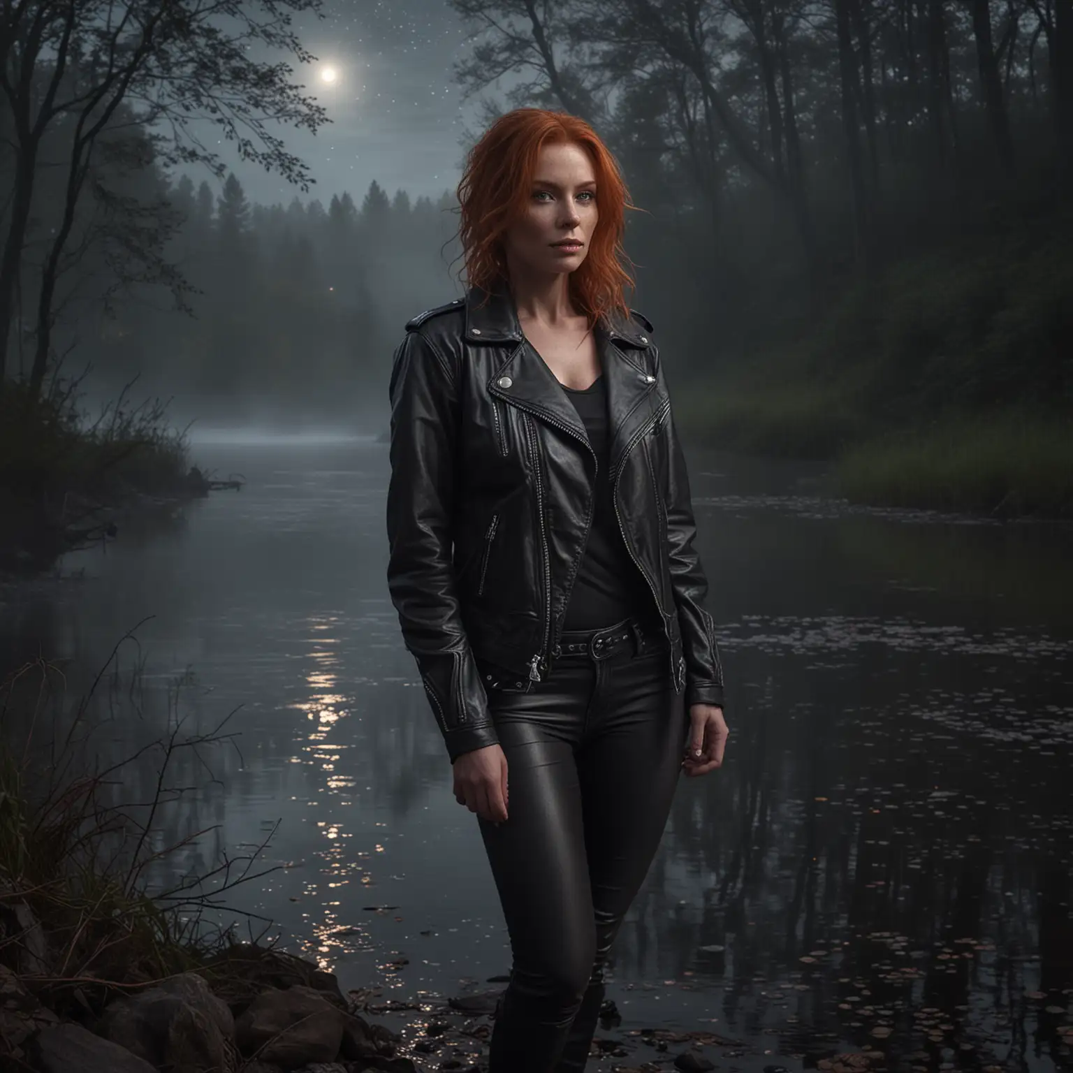 Dark-Fantasy-Scene-Mysterious-Forest-with-Ginger-Milf-in-Leather-Jacket