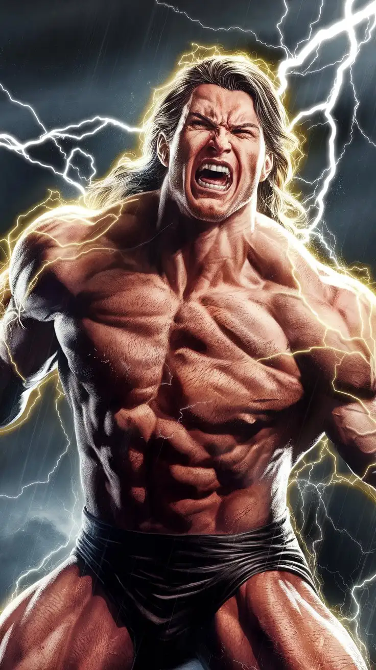 Supercharged brawn. Herculean powers. Golden electric glow. 27 years old. Superhero. Rearing back in agony in a lightning storm. Long hair. Photorealistic.