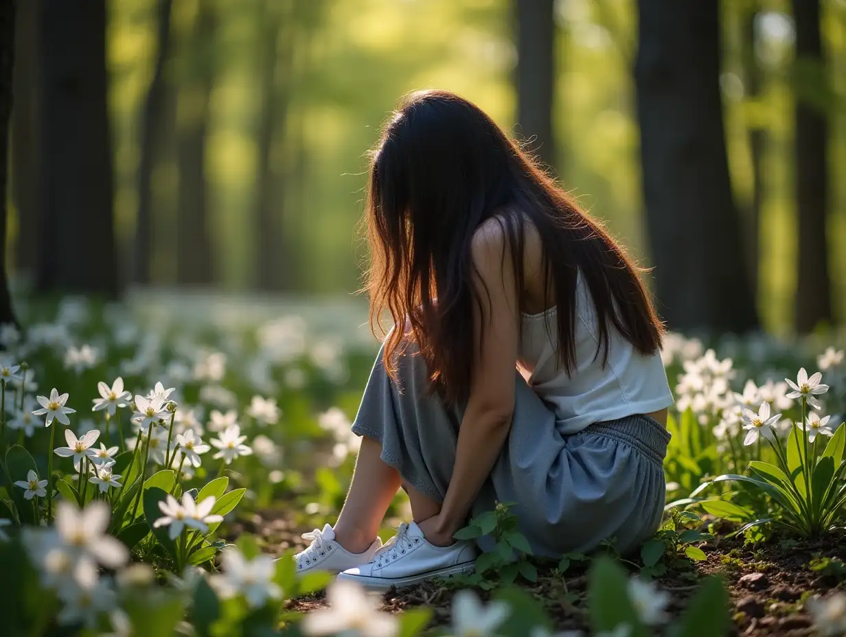 Young-Woman-Crying-in-the-Blue-Ridge-Mountains-with-Mountain-Laurel-and-Trillium-in-Springtime