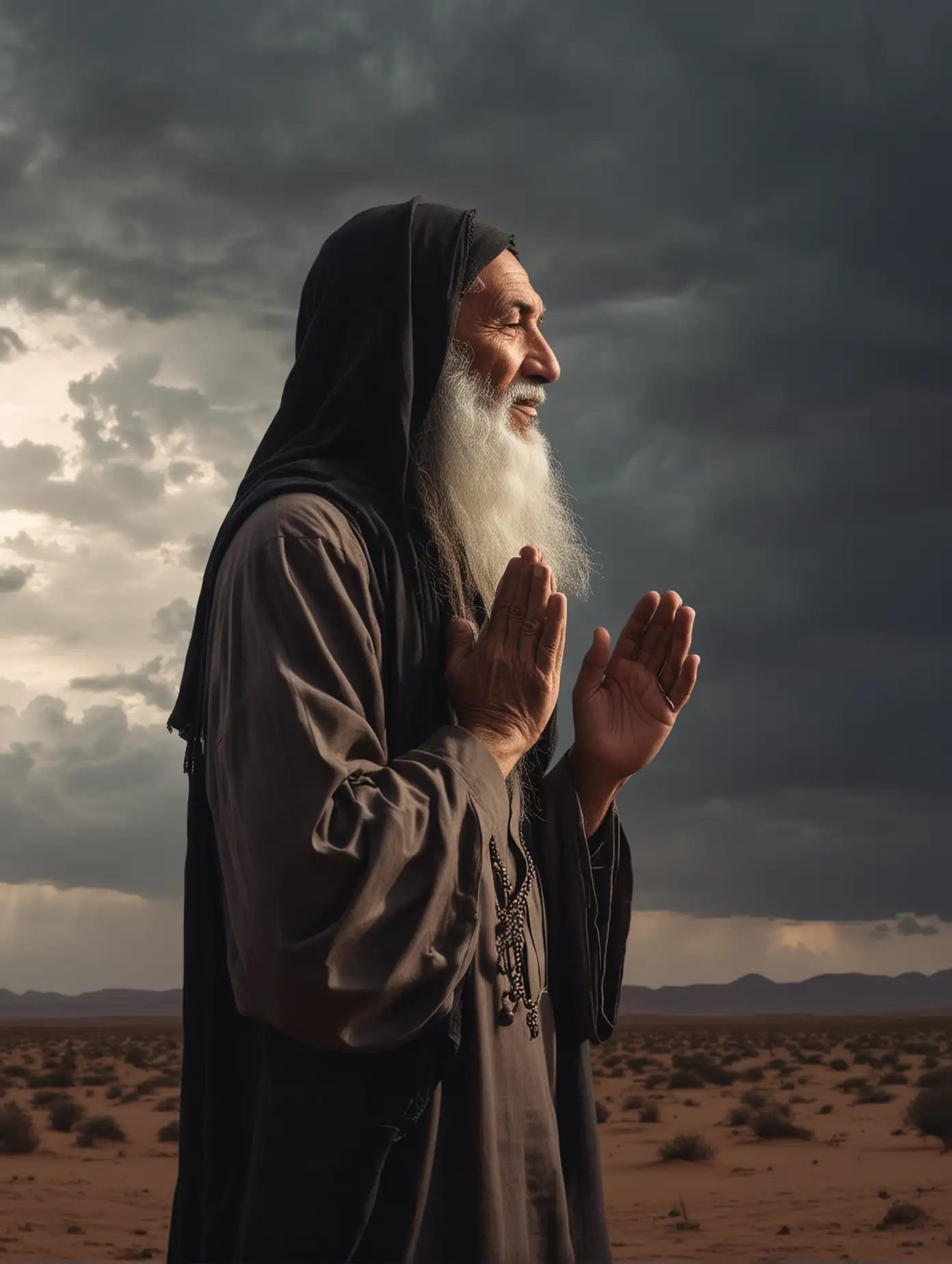 A long-haired Muslim old pious man praying with his hands raised in a spiritual pose in the desert. side view.Dark cloudy sky.low dark back lightning