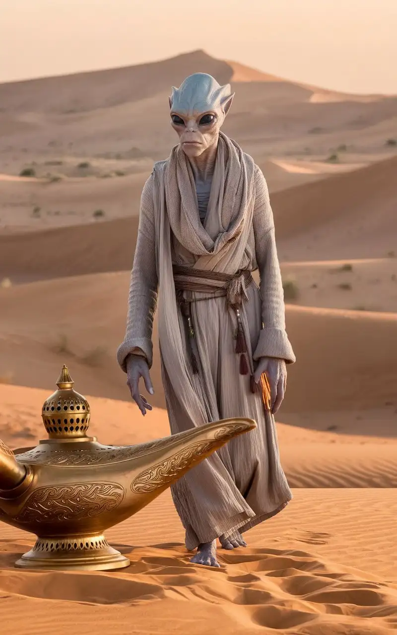 An alien in a robe walks in the Arabian desert and in front of it there is a giant magic lamp