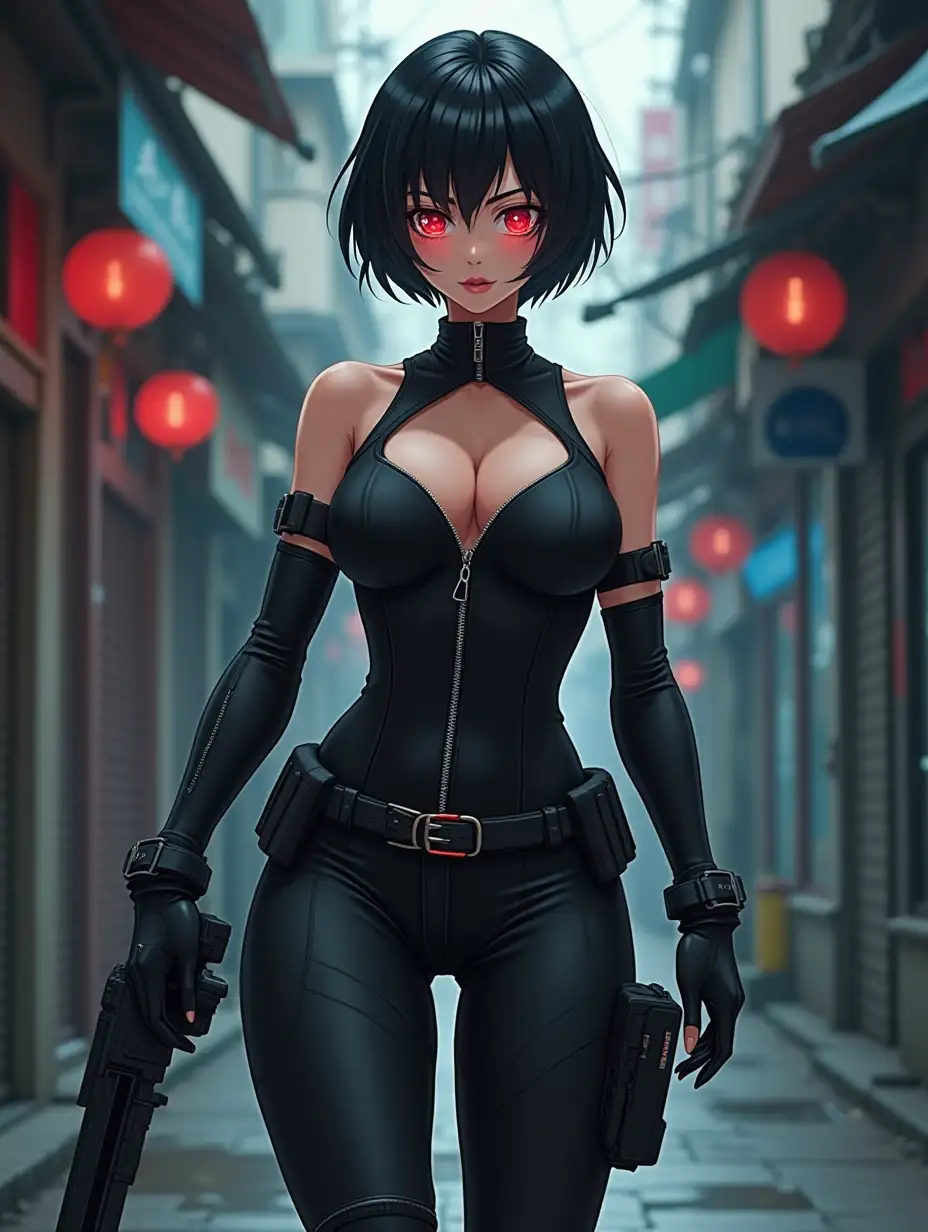 Short hair, mature Asian woman thief cyber runner in a dynamic full-length pose, eyes with red electronic pupils, large breast, extreme skintight body glove zipped down with cleavage, combat boots and combat belt. Full view of her body from boots up, low wide angle. Future store filled city alley street. Anime