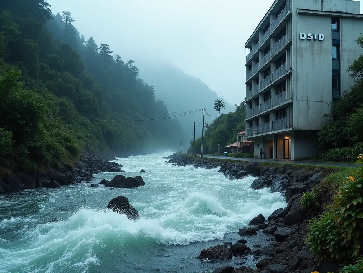 an image of a modern building with a 'DSID' sign, which is located right next to a raging and flooded ravine (like on the Island of Reunion). There is a road between the ravine and the building