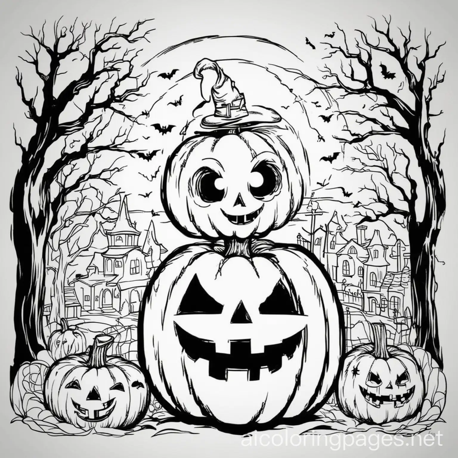 Children-Coloring-Halloween-Characters-Black-and-White-Line-Art