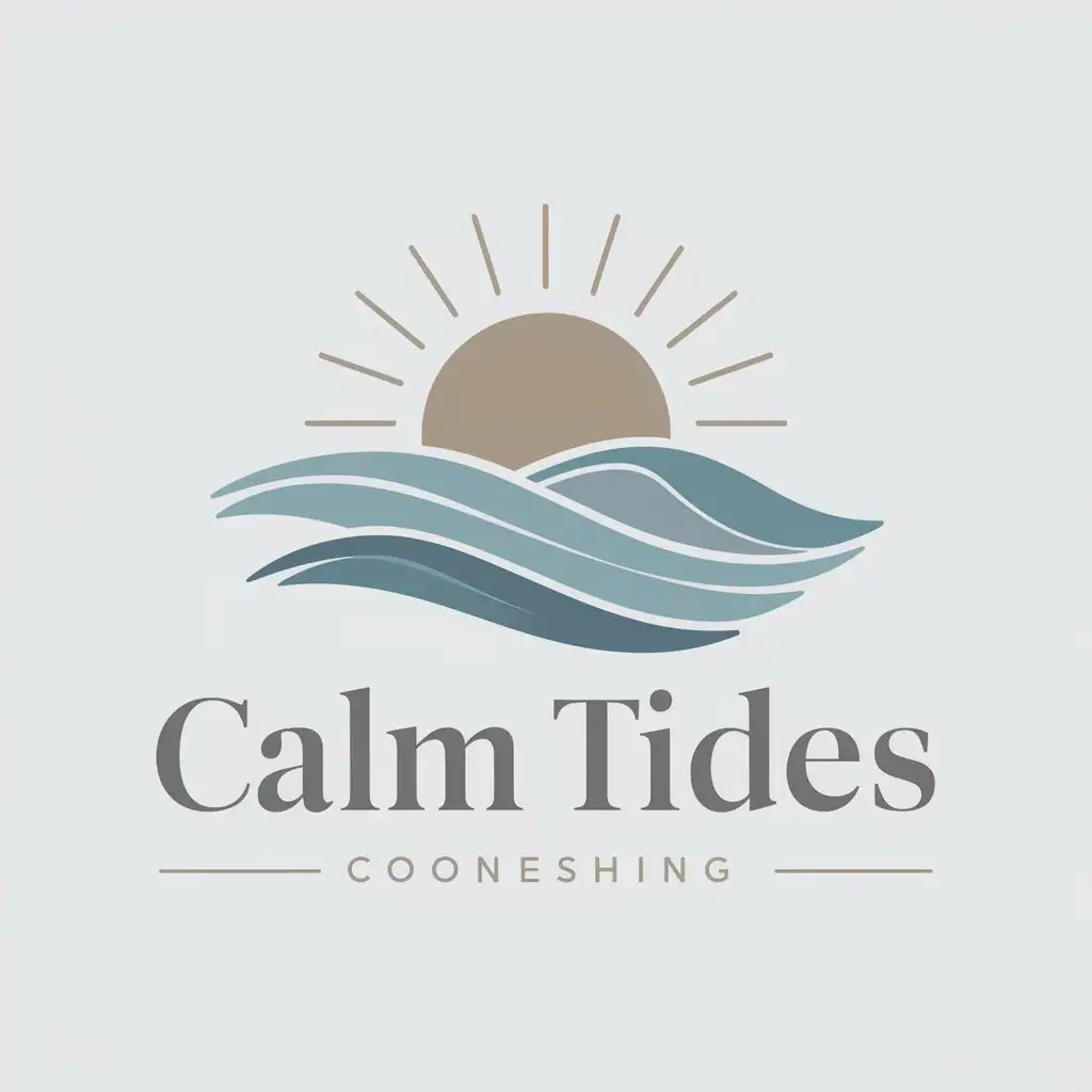 LOGO Design For CALM TIDES Counselling Sun and Waves Symbol in Serene Blues and Gold