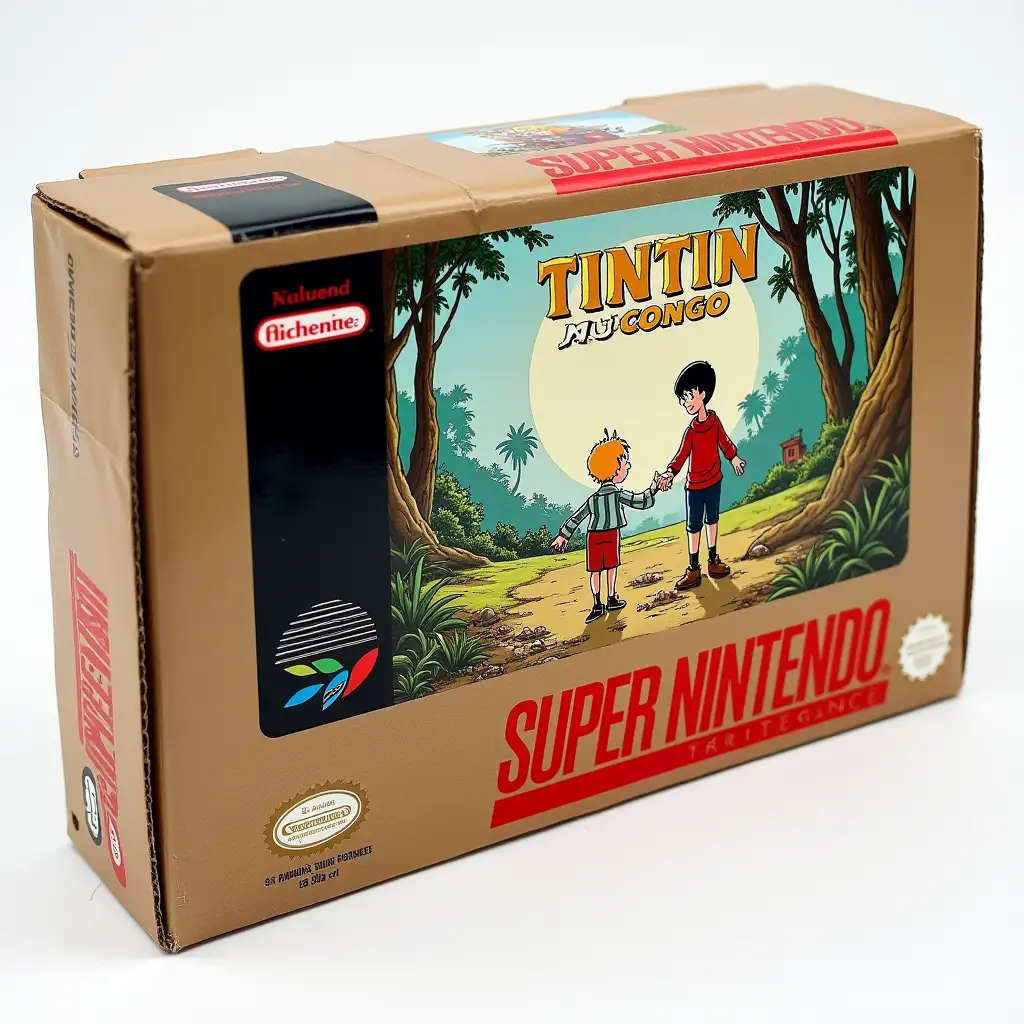 Cardboard box of a Super Nintendo game, Tintin au Congo, in French FAH like the SNES game boxes from the 1990s.