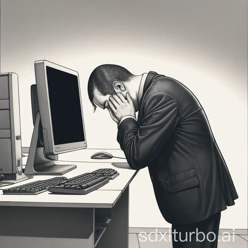 Man-Bowing-Head-in-Front-of-Computer